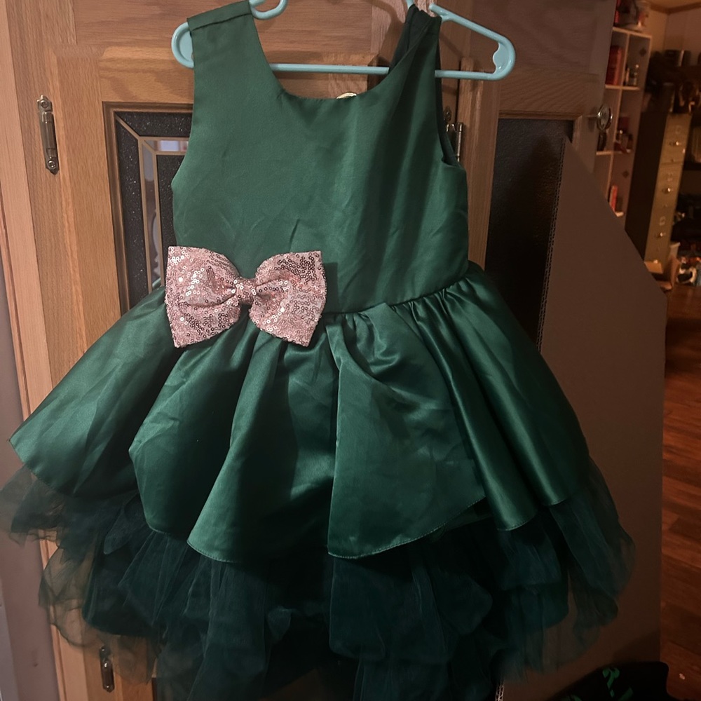 Girls Green Dress with Gold Bow Accent